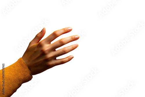 Reaching female hand with open palm in expressive gesture, demonstrating interaction or offering, on transparent background
