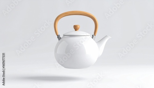 White Ceramic Teapot With Wooden Handle Floating Above a Clear White Background Studio Shot
