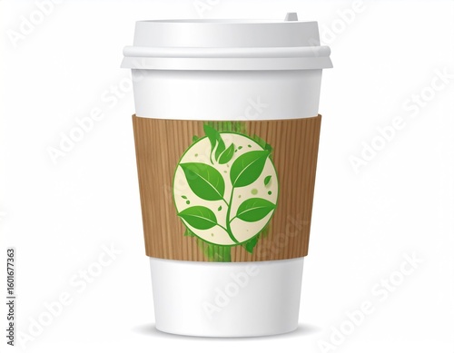 White Compostable Coffee Cup with Sleeve and Plant Motif Isolated on White Background
