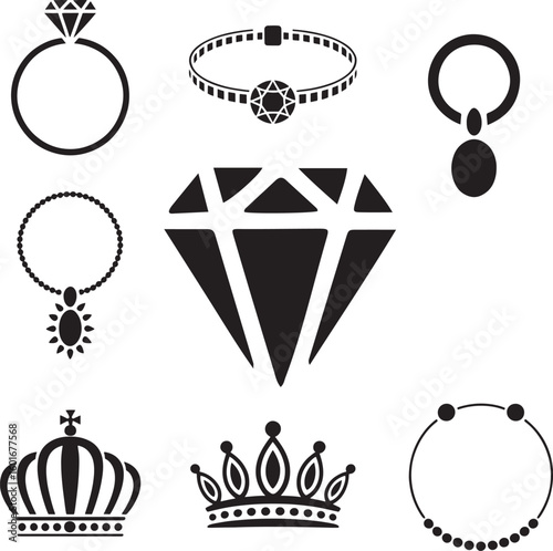 Collection of elegant black and white jewelry icons including diamonds and crowns