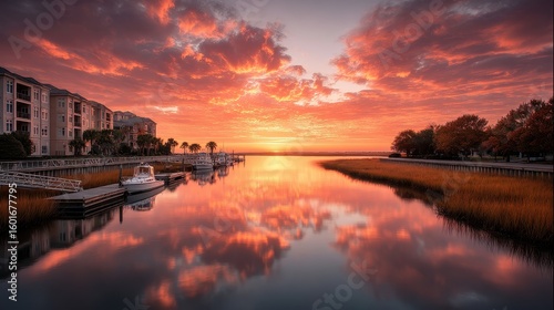 Colorful sunset reflecting off the calm waters near Myrtle Beach marina with boats docked