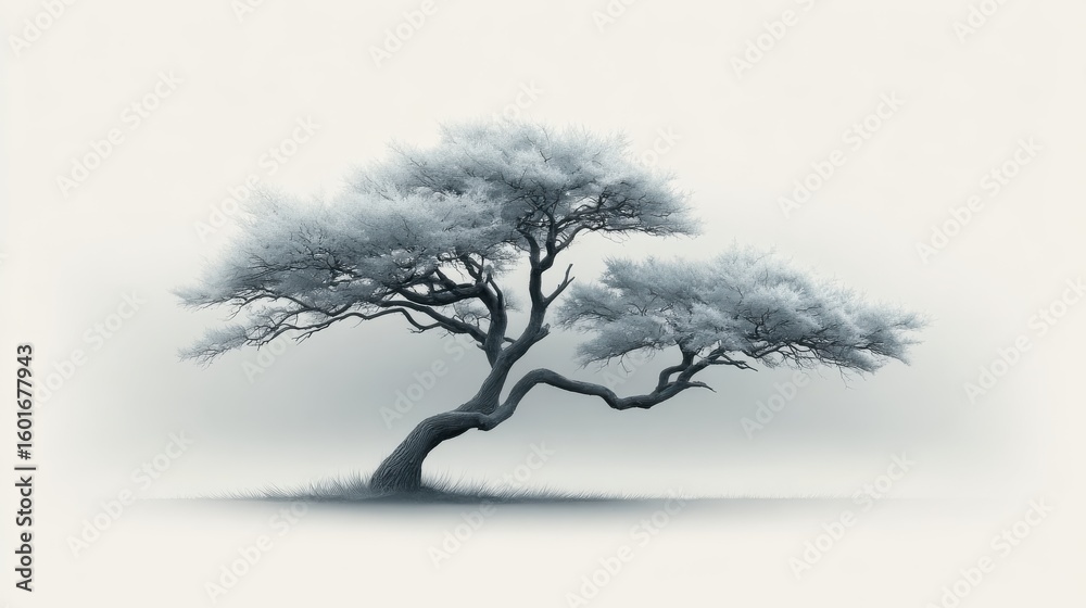 Fototapeta premium Elegant tree silhouette with gently curved branches, set against a soft watercolor wash background