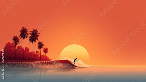 Female surfer silhouetted against a vibrant sunset while riding a gentle wave