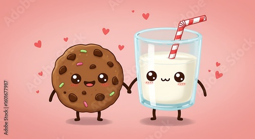 Cute cartoon cookie and glass of milk holding hands with hearts in background