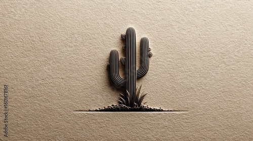 Artistic brushstroke cactus outline with rough edges on a kraft paper texture background
