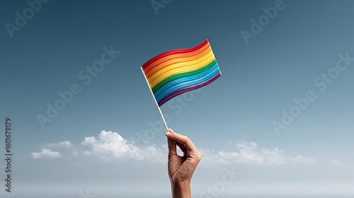 Hand holding a small pride flag with blue sky and empty space on the right side