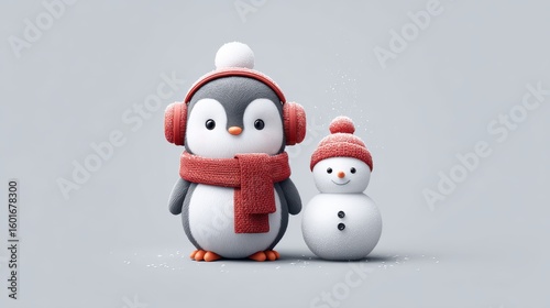 Happy 3D penguin wearing a red scarf and earmuffs, standing next to a snowman with falling snow