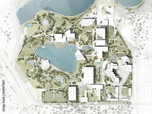 Aerial view of a sprawling campus with numerous buildings nestled amidst lush green landscaping and tranquil water features, including a sizable lake