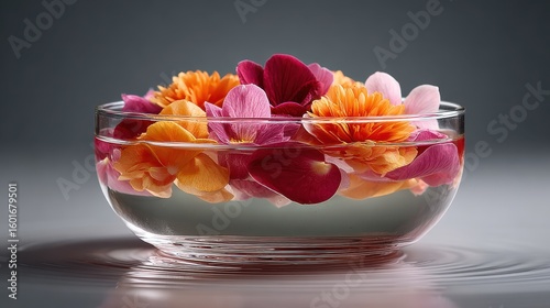 Assorted flower petals floating in a clear bowl of water, creating a tranquil and colorful scene
