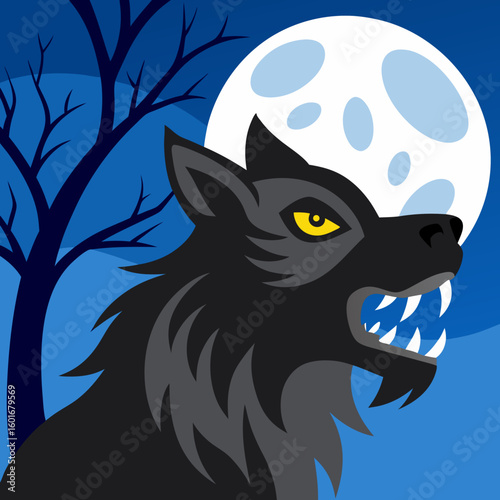 Vector art of a ferocious werewolf howling at the full moon on a dark halloween night