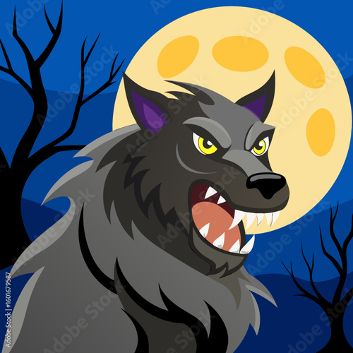 Vector art of a menacing werewolf growls under the light of the full moon on halloween