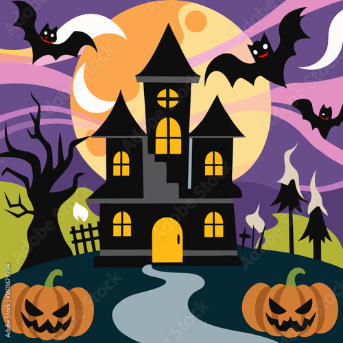 Vector art of a cartoon haunted house scene with bats and pumpkins under a full moon