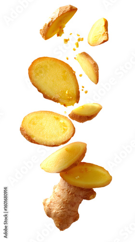 Falling Ginger Slices Isolated on White