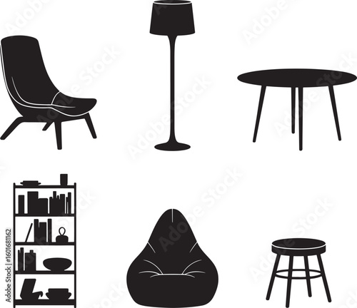 Modern furniture silhouettes including chair lamp table bookshelf beanbag and stool