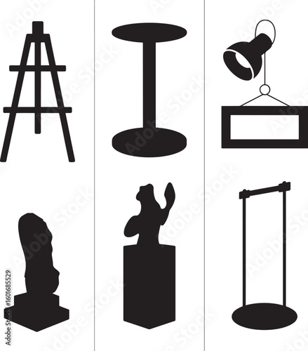 Silhouettes of museum display stands and lighting for exhibits