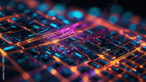 Futuristic Neon Circuit Board With Glowing Grid Patterns and Sleek Digital Glow