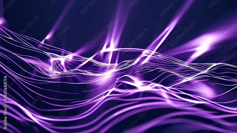 Digital violet waveforms ripple deep blue ether intersected radiant lavender beams that pulse sync rhythmic K loop conjures ocean of data metaphors blockchain infographics EDM stage screens