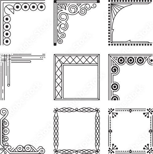Collection of nine ornate vintage decorative corner designs and borders