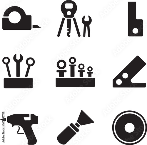 Collection of black and white icons representing various tools and measuring devices