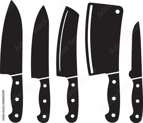 Collection of five black kitchen knives with textured handles on white background