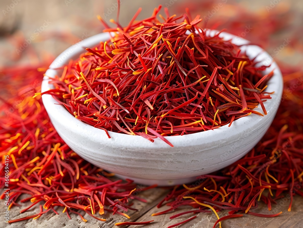 Fototapeta premium Close-up of saffron threads on a white ceramic dish, vibrant red-orange color, isolated background