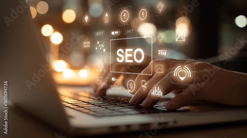 SEO concept with hands on laptop keyboard. seo marketing strategy, seo marketing strategy, seo marketing strategy