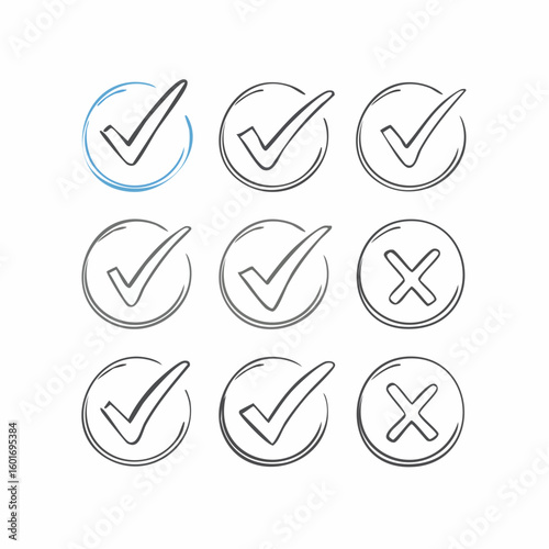 Check marks doodle set. Vote, yes, no, checkbox, checklist, tick and cross signs, v and x drawn concept. Hand drawn doodle sketch style vector illustration