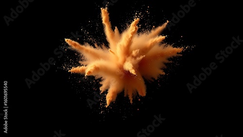 Abstract brown powder explosion in mid-air against a dark background, captured with dynamic motion.