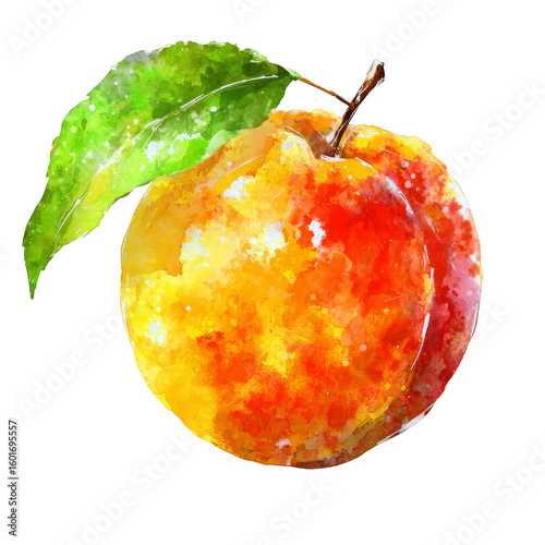 Closeup of a ripe orange apple with fresh green leaf, symbol of healthy eating