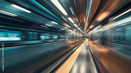 An abstract urban transit scene with dynamic motion blur and cool metallic tones.
