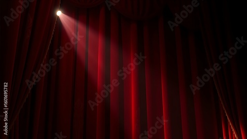 Dramatic red velvet theater curtains with golden details, illuminated by a spotlight.