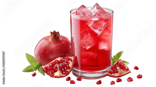 A glass of freshly squeezed pomegranate juice with straw and ripe pomegranate, healthy delight