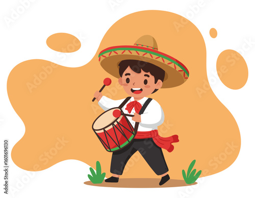 Mexican Little Boy Playing a Drum