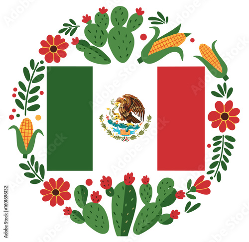 Mexican Flag with Cultural Elements Wreath
