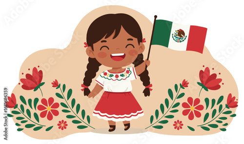Latin Girl Waving Mexican Flag in Flower Field
