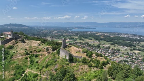 Aerial view of Allinges castle a medieval ruin and a castle with bastions on the hill above the Lake Geneva in France