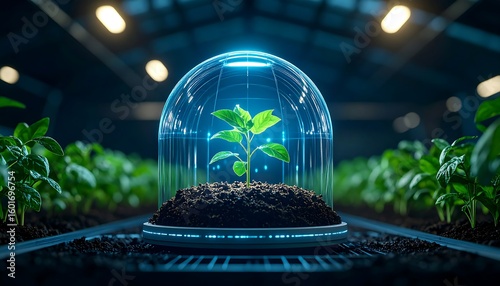 Plant Growing Under Protective Dome in Greenhouse Environment