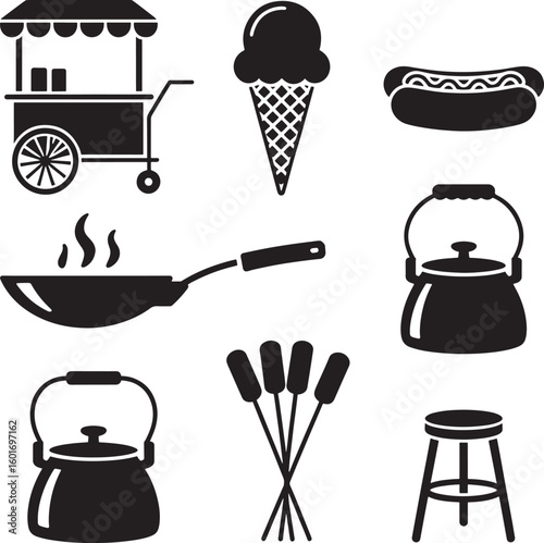 Collection of black silhouettes representing food and cooking essentials
