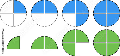 two rows of circles divided into four equal parts. The top row gradually fills more parts from left to right. The bottom row mirrors this pattern.