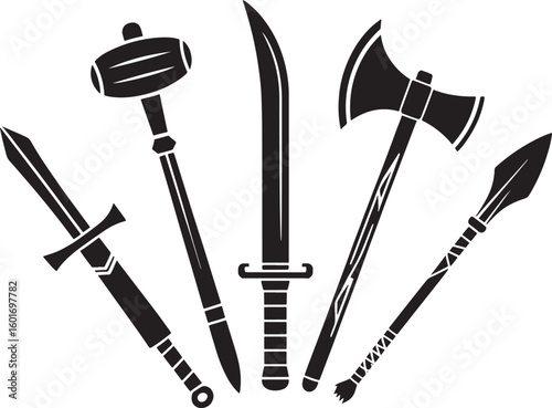 Collection of silhouetted medieval weapons arranged in a fan shape