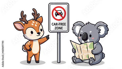 Charming Cartoon Animals Navigating a Car-Free Zone Illustration for Children's Designs
