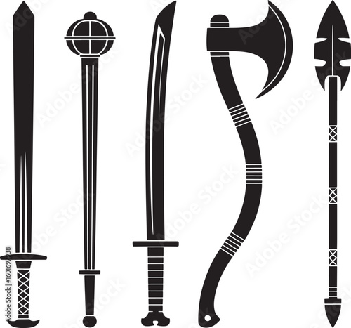 Collection of medieval weapons including swords axes and mace