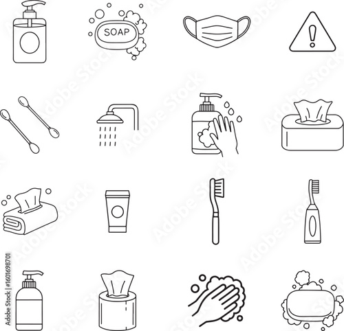 Hygiene and Sanitation Line Art Icons for Health and Safety