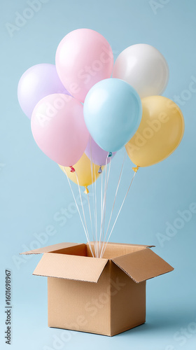 Colorful balloons rising from cardboard box on light blue background