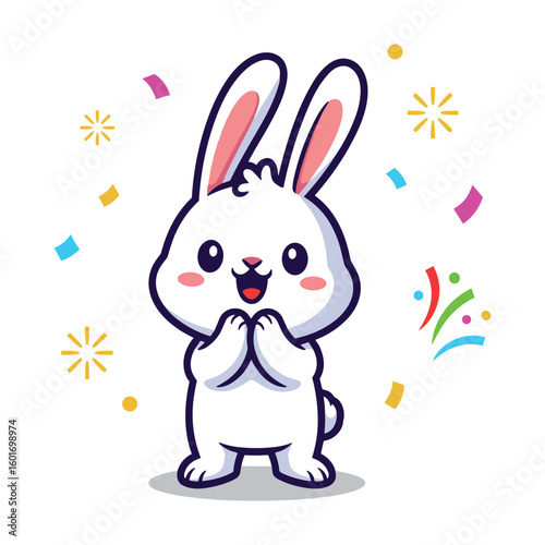 Cute White Bunny Cartoon Illustration with Confetti Celebration for Festive Designs