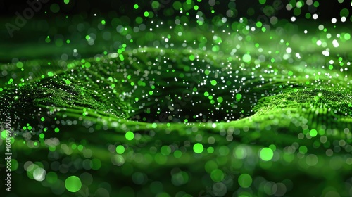 Dynamic green swirling vortex of lines and dots, abstract energy field in motion, 3D rendering