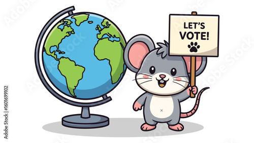 Cartoon mouse with earth globe and a sign for vote, cute illustration for election