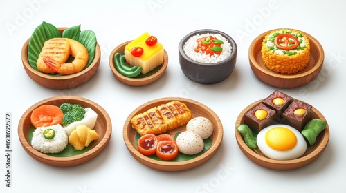 Asian food miniatures studio shot, white background, food display, recipe illustration
