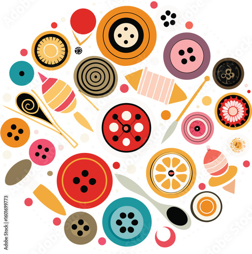 Vintage buttons and sewing notions arrangement