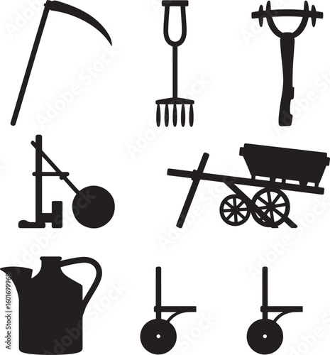 Vintage farm tools and equipment silhouettes for agricultural concepts